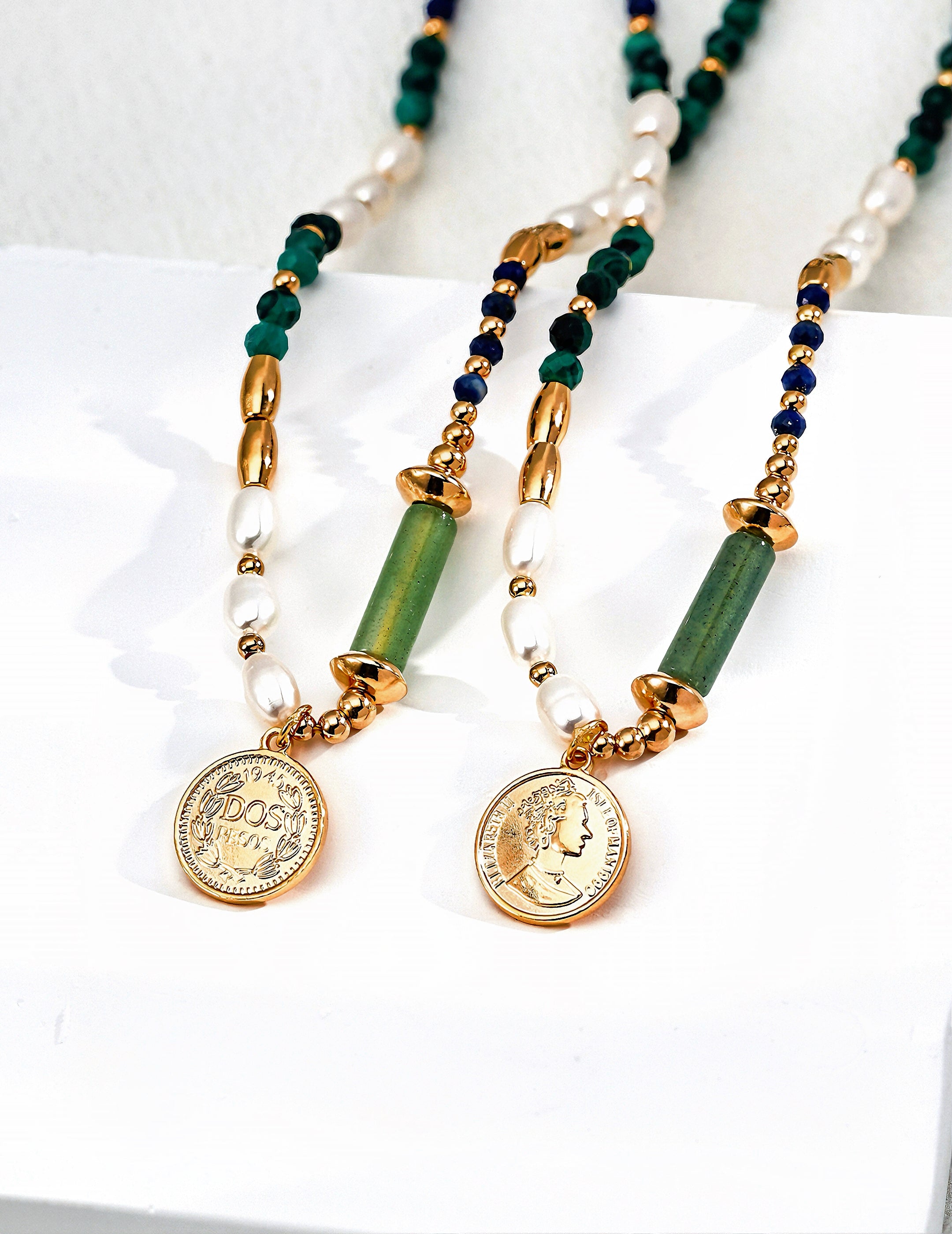 S925 silver fashion pendant necklace with natural pearl, malachite and lapis lazuli