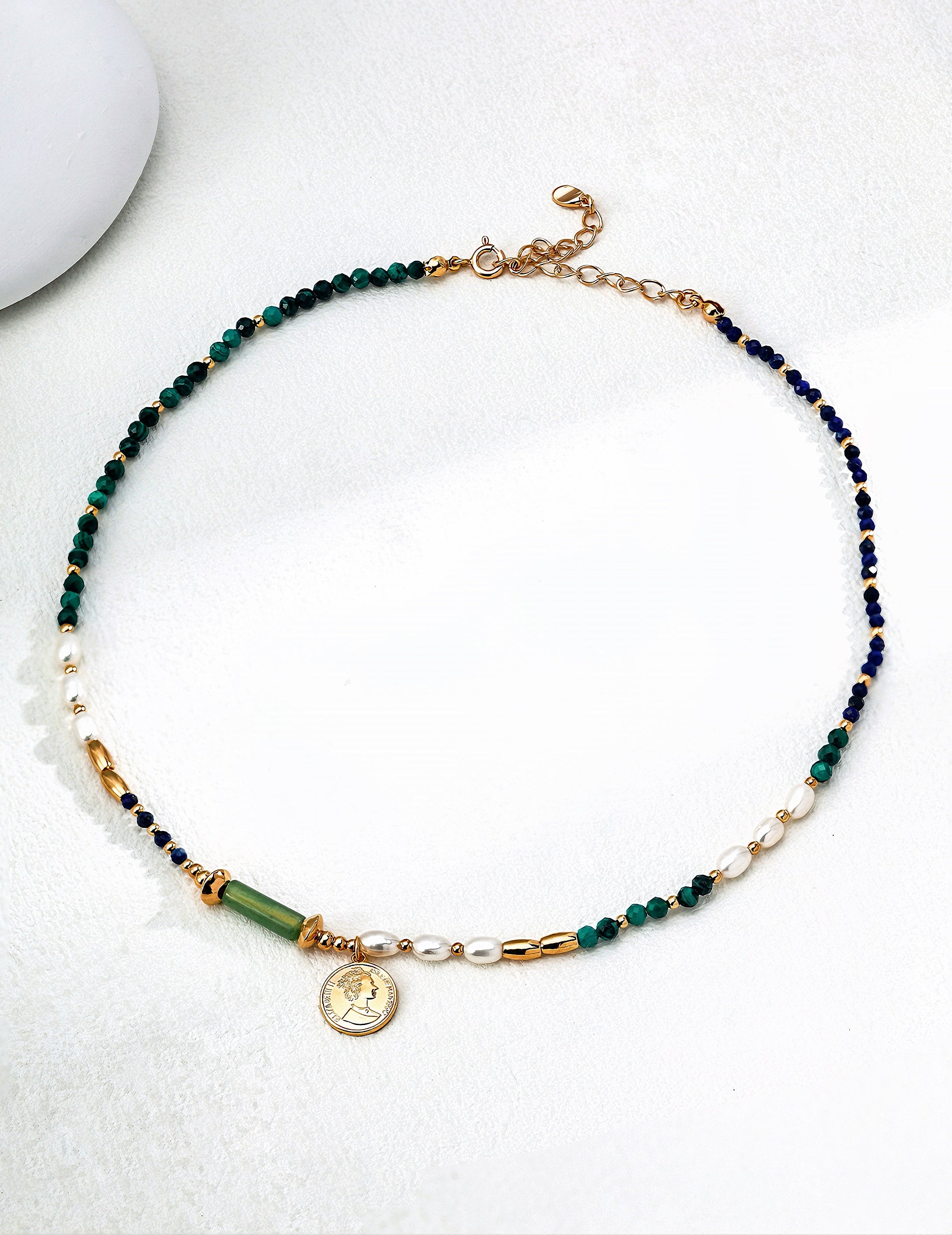 S925 silver fashion pendant necklace with natural pearl, malachite and lapis lazuli