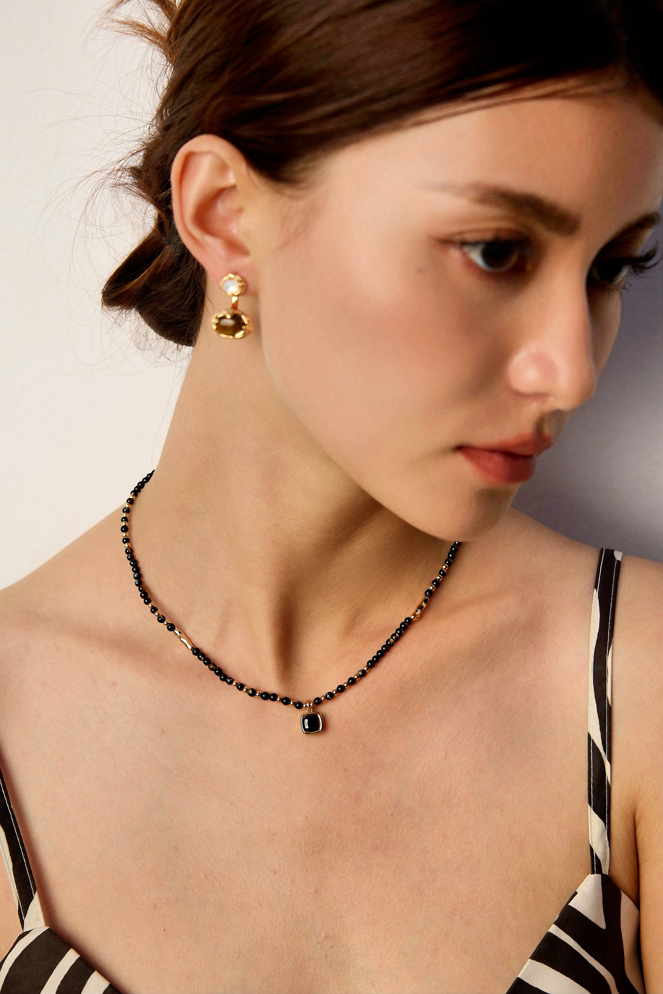 S925 silver round polished onyx necklace