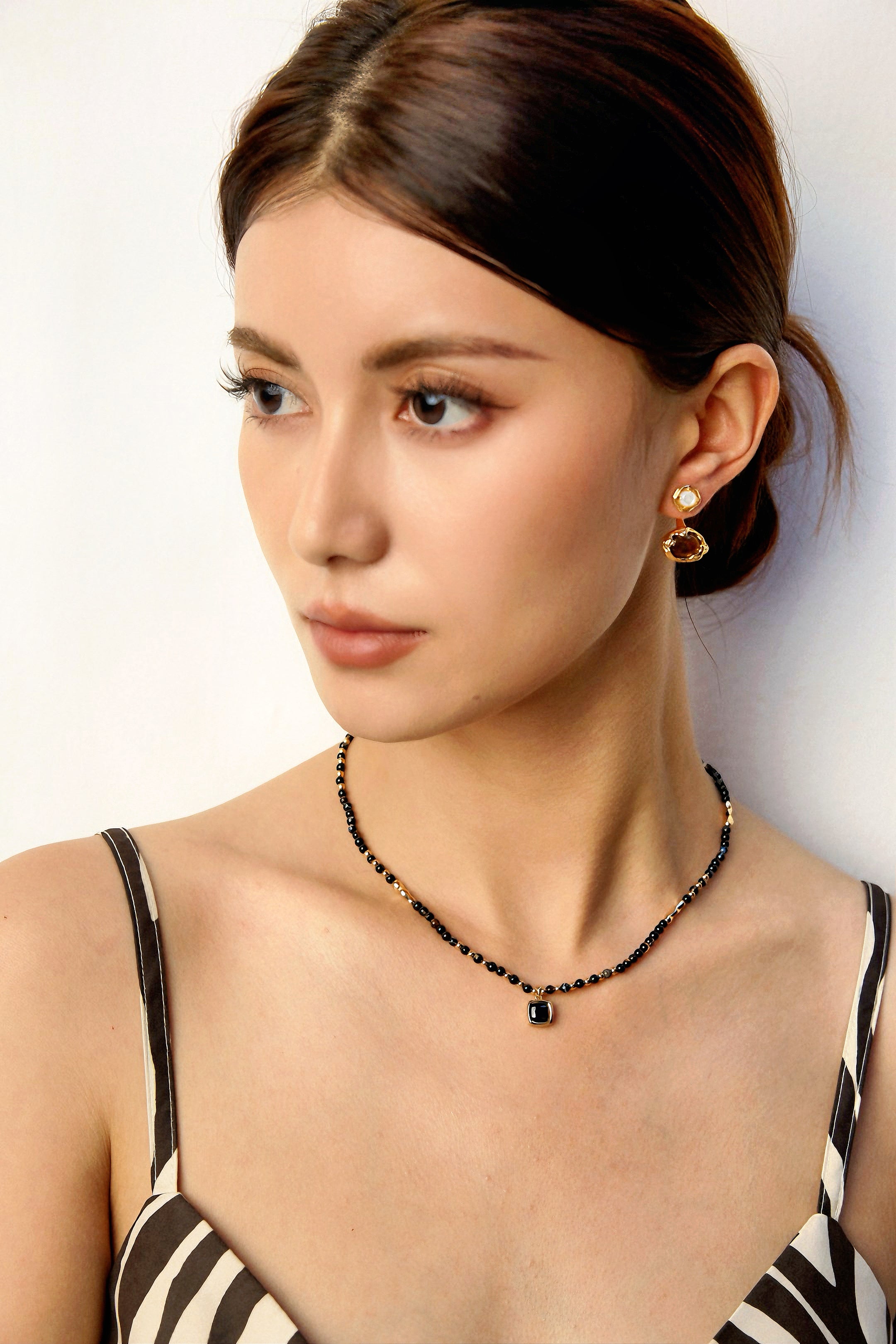 S925 silver round polished onyx necklace