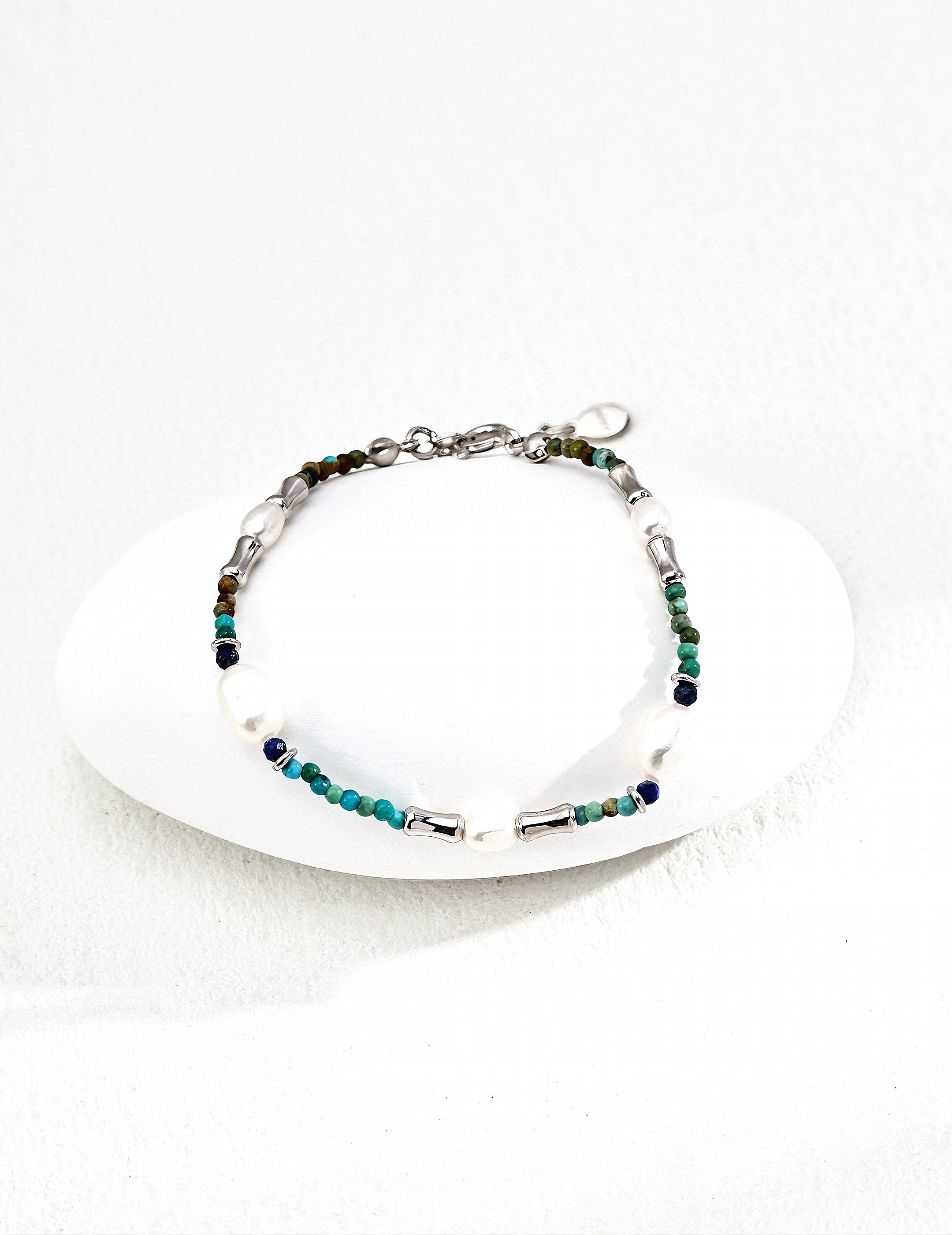 S925 Silver Retro Natural Pearl, Lapis Lazuli and Turquoise Bracelet