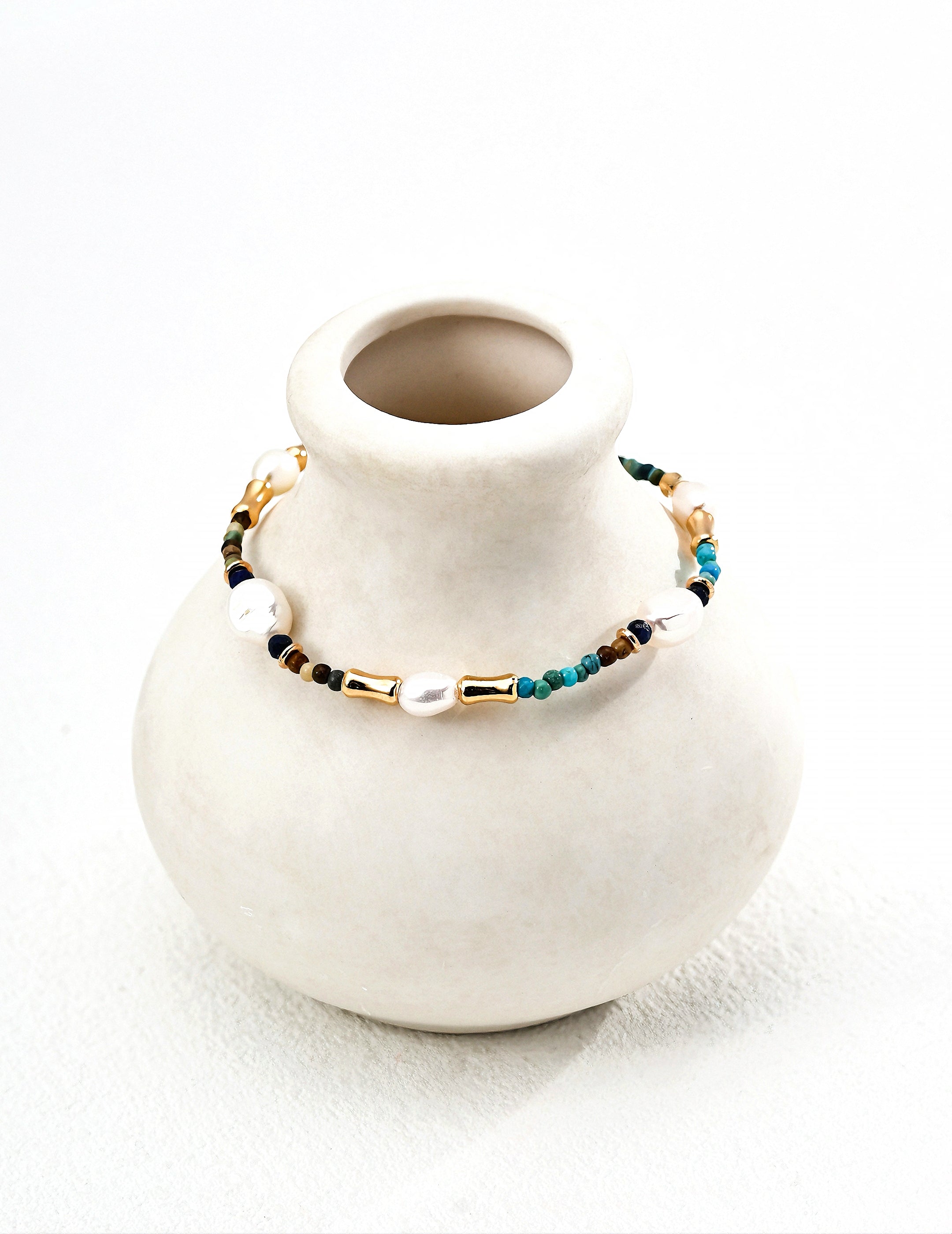 S925 Silver Retro Natural Pearl, Lapis Lazuli and Turquoise Bracelet