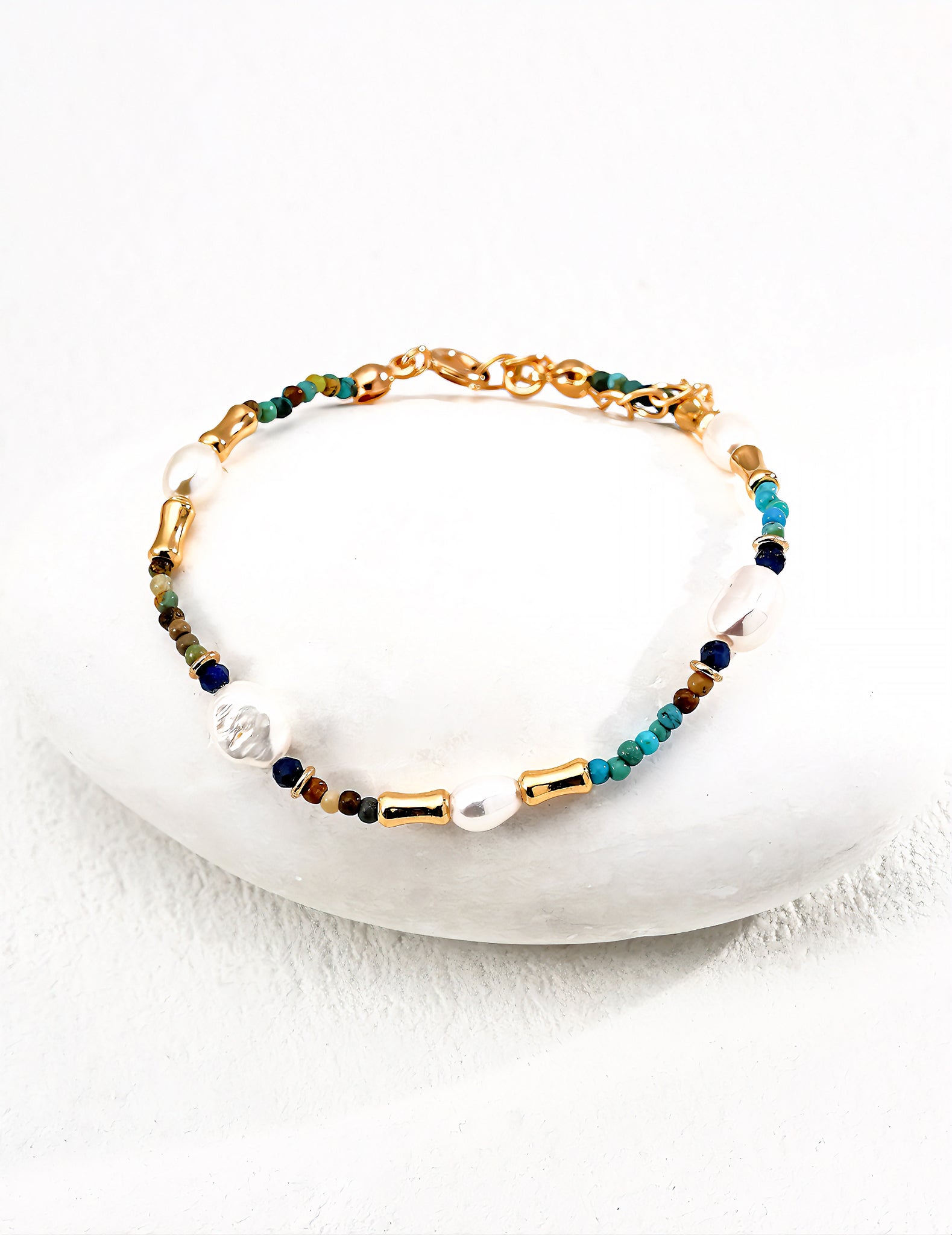 S925 Silver Retro Natural Pearl, Lapis Lazuli and Turquoise Bracelet