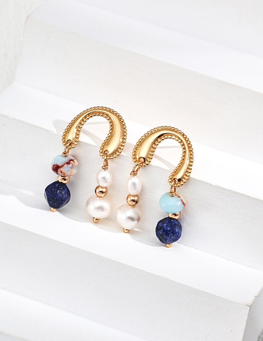 S925 Silver Simple Natural Pearl, Lapis Lazuli and Shoushan Stone Earrings