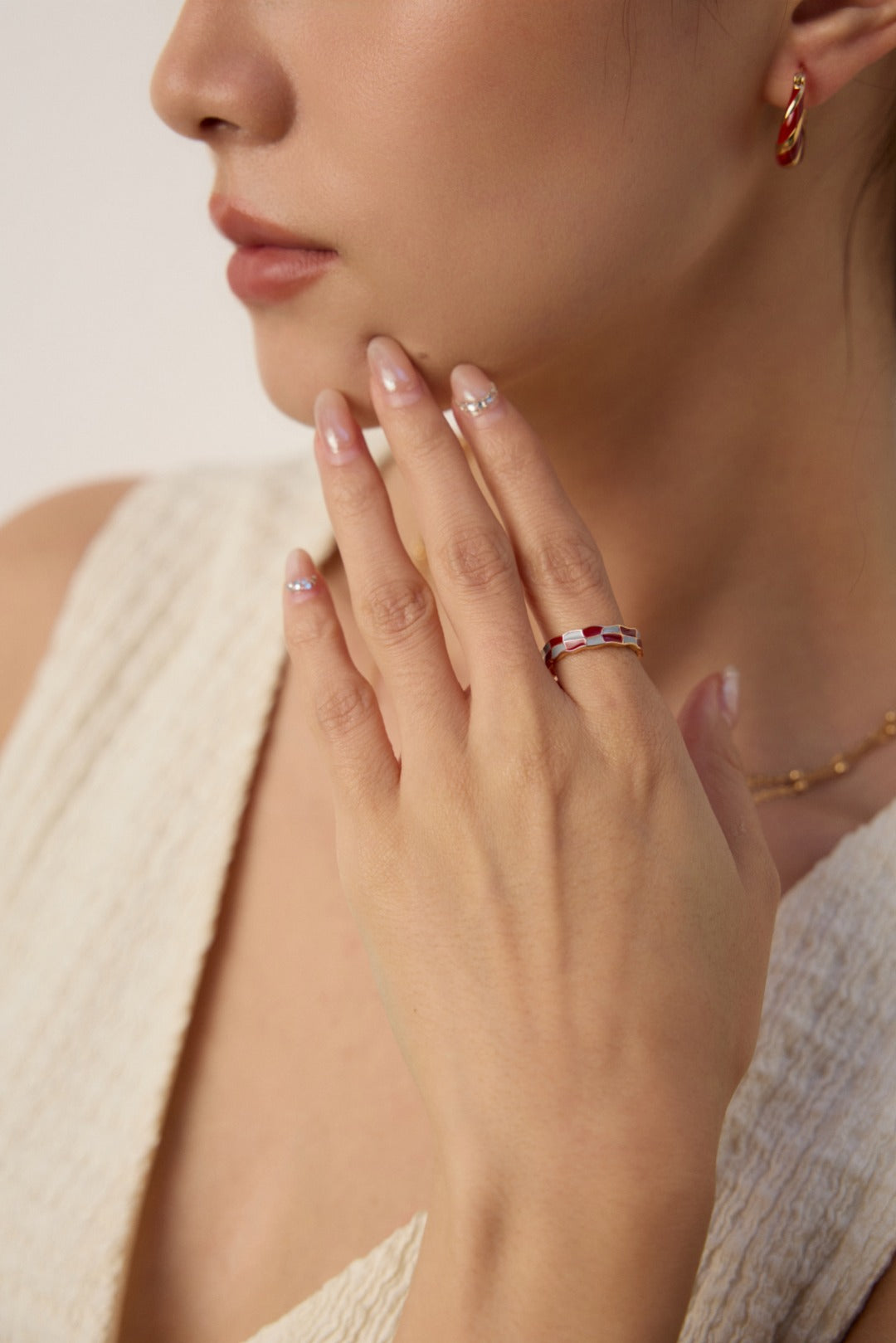 S925 silver ring with a sense of design and red-blue enamel dripping