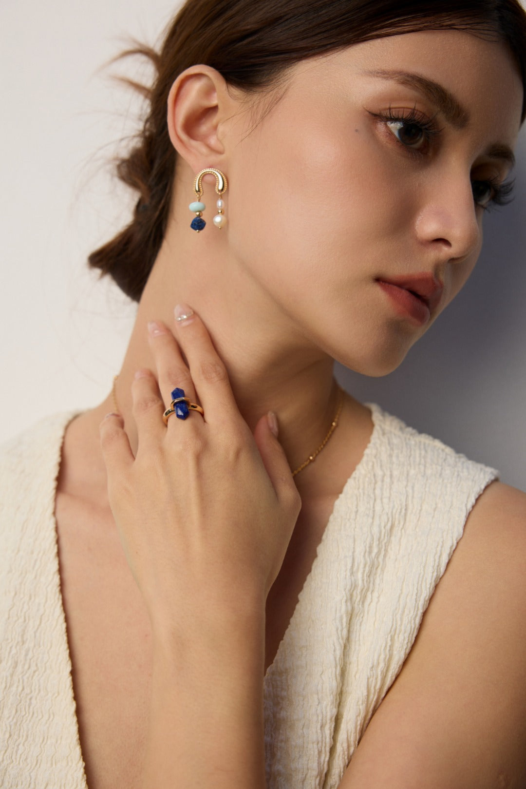 S925 Silver Simple Natural Pearl, Lapis Lazuli and Shoushan Stone Earrings