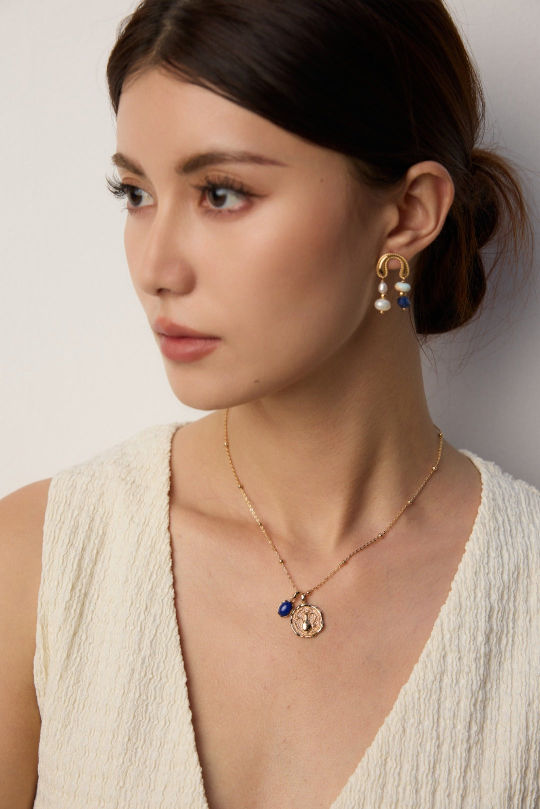 S925 Silver Simple Natural Pearl, Lapis Lazuli and Shoushan Stone Earrings