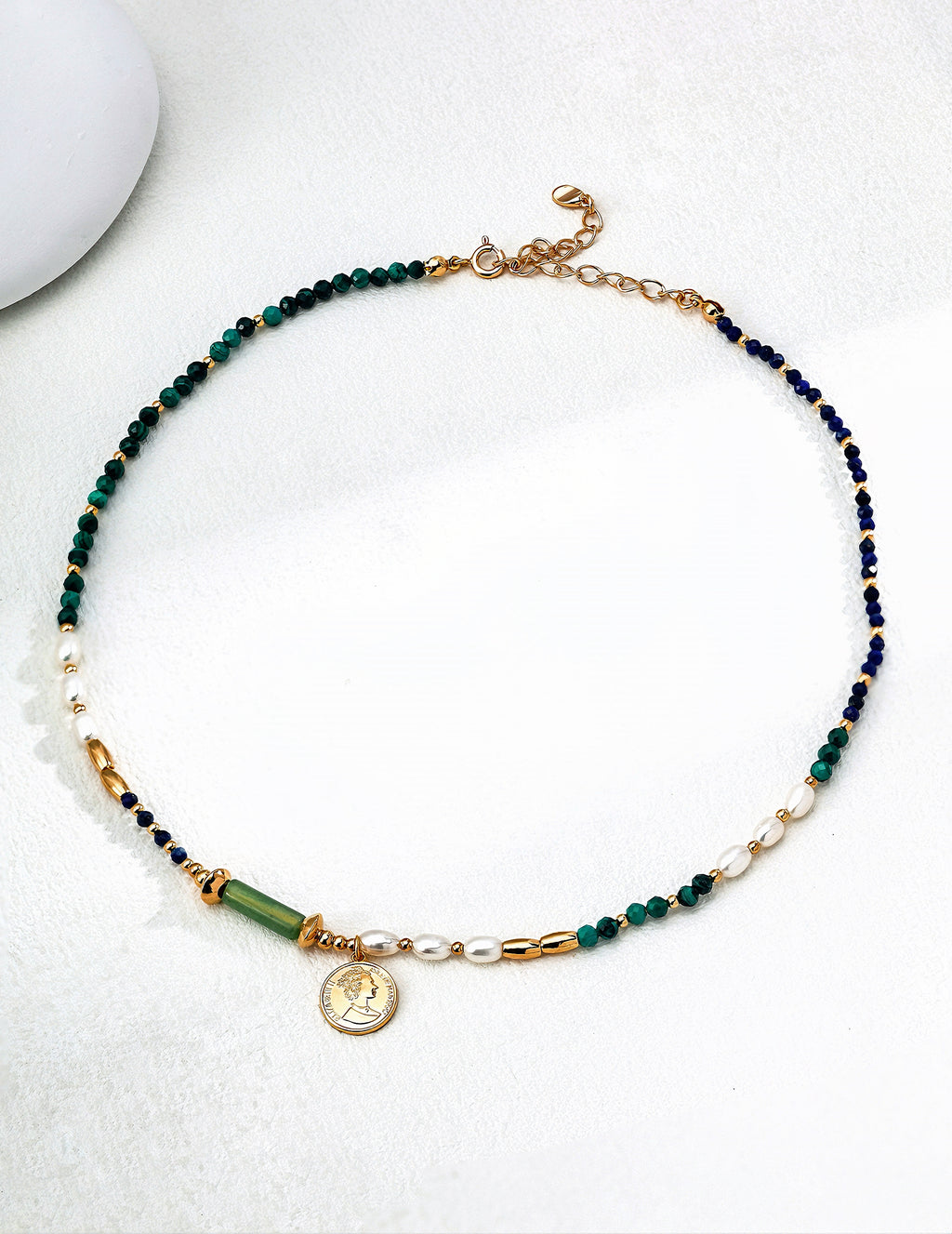 S925 silver fashion pendant necklace with natural pearl, malachite and lapis lazuli
