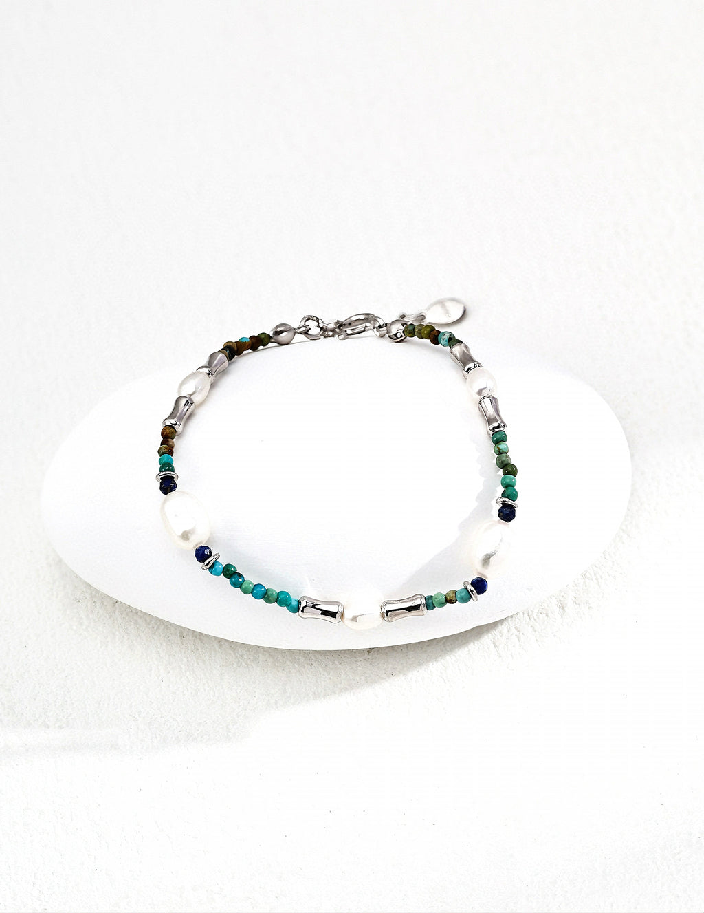 S925 Silver Retro Natural Pearl, Lapis Lazuli and Turquoise Bracelet